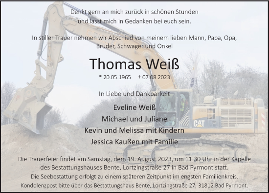 Traueranzeige von Thomas Weiß von Deister- und Weserzeitung
