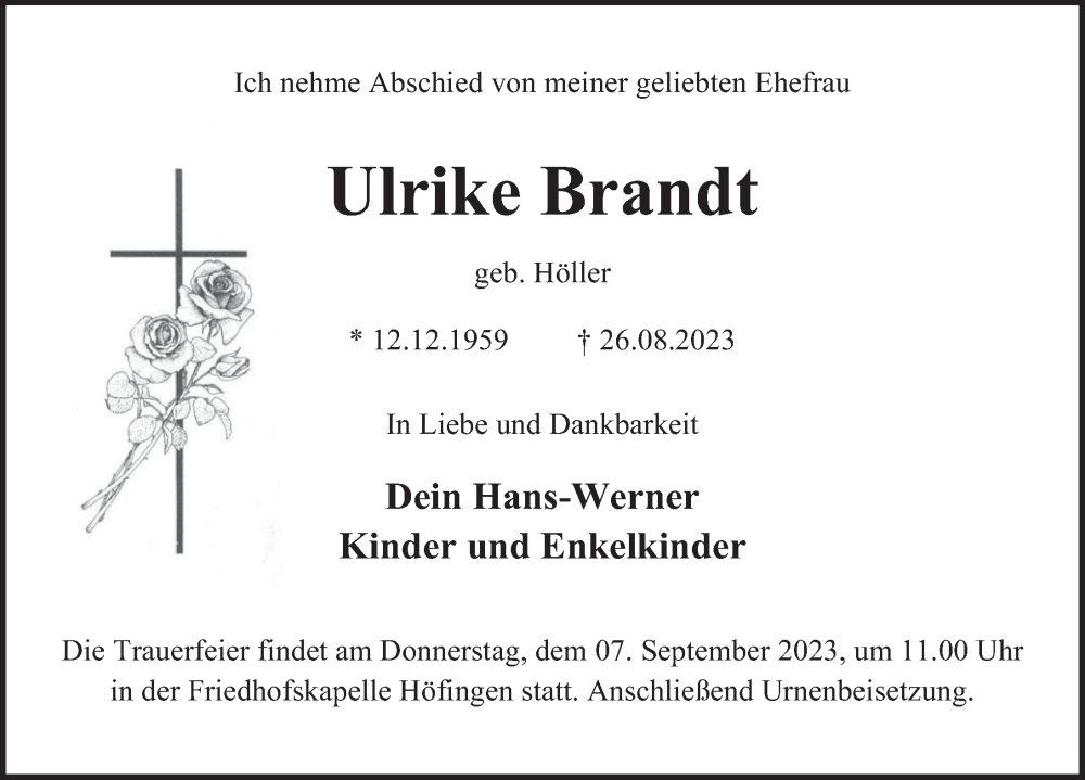  Traueranzeige für Ulrike Brandt vom 02.09.2023 aus Deister- und Weserzeitung