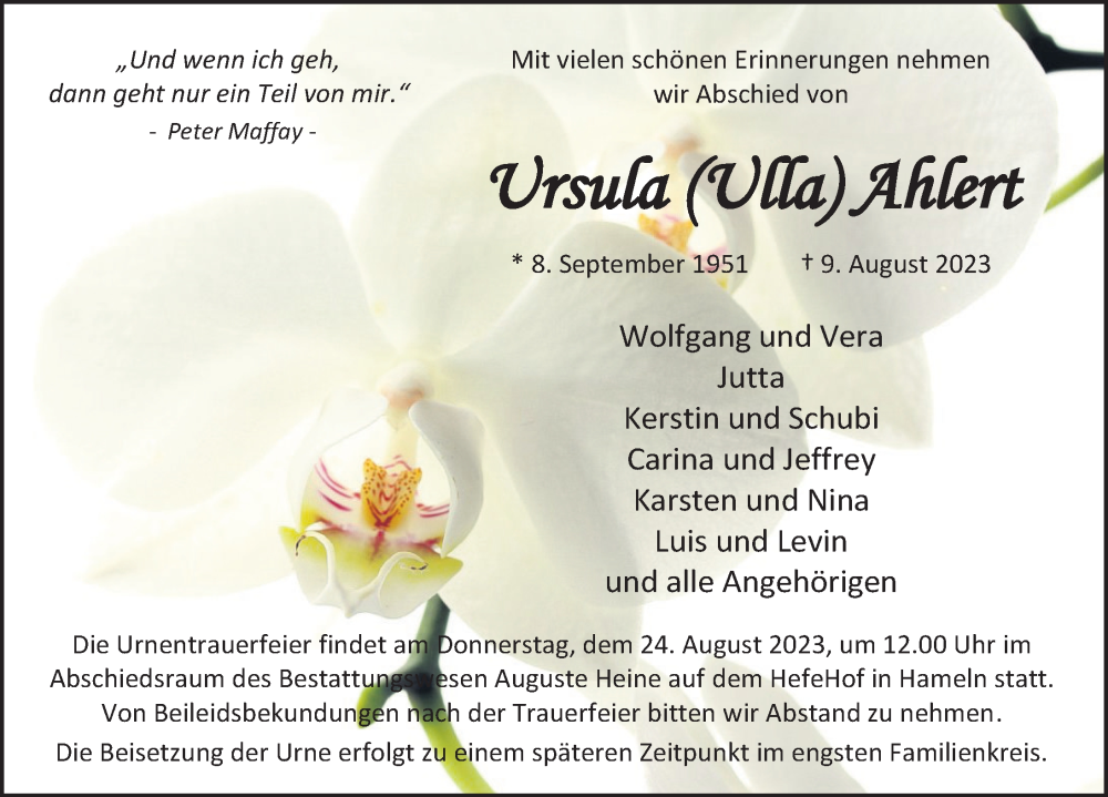  Traueranzeige für Ursula Ahlert vom 19.08.2023 aus Deister- und Weserzeitung