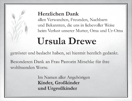 Traueranzeige von Ursula Drewe von Deister- und Weserzeitung
