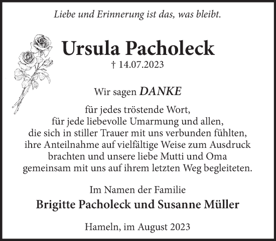 Traueranzeige von Ursula Pacholeck von Deister- und Weserzeitung