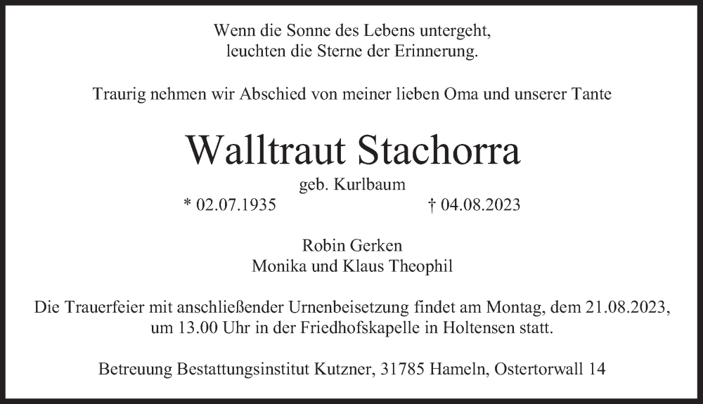  Traueranzeige für Walltraut Stachorra vom 12.08.2023 aus Deister- und Weserzeitung