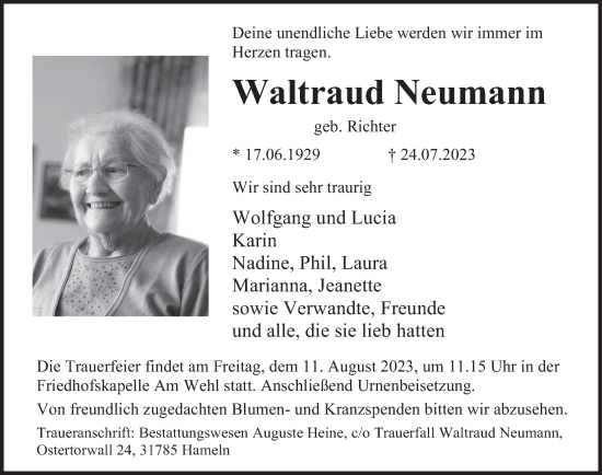 Traueranzeige von Waltraud Neumann von Deister- und Weserzeitung