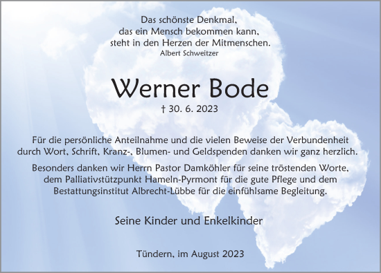 Traueranzeige von Werner Bode von Deister- und Weserzeitung