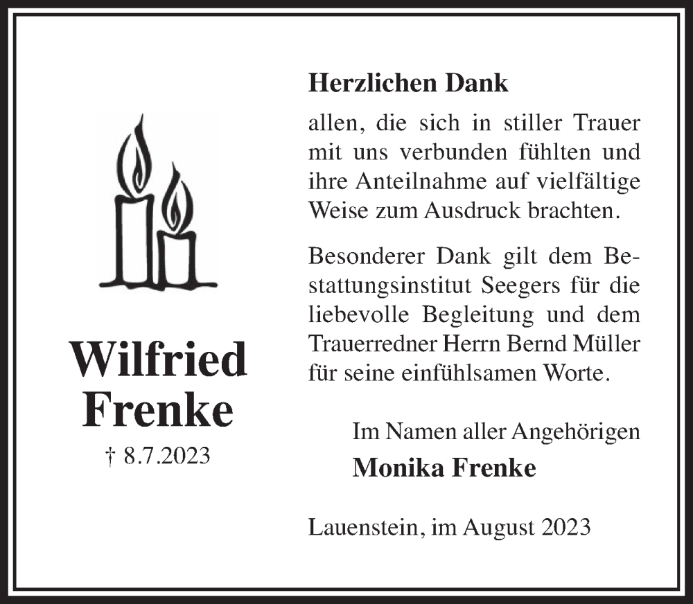  Traueranzeige für Wilfried Frenke vom 19.08.2023 aus Deister- und Weserzeitung