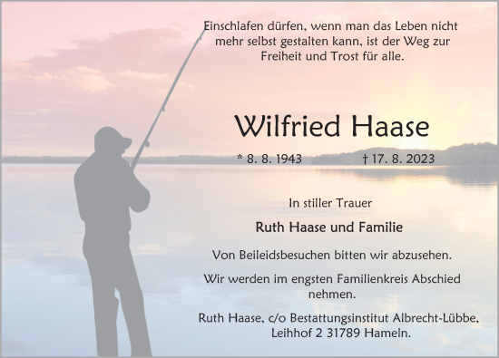 Traueranzeige von Wilfried Haase von Deister- und Weserzeitung