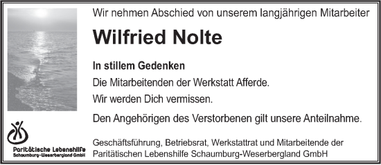 Traueranzeige von Wilfried Nolte von Deister- und Weserzeitung