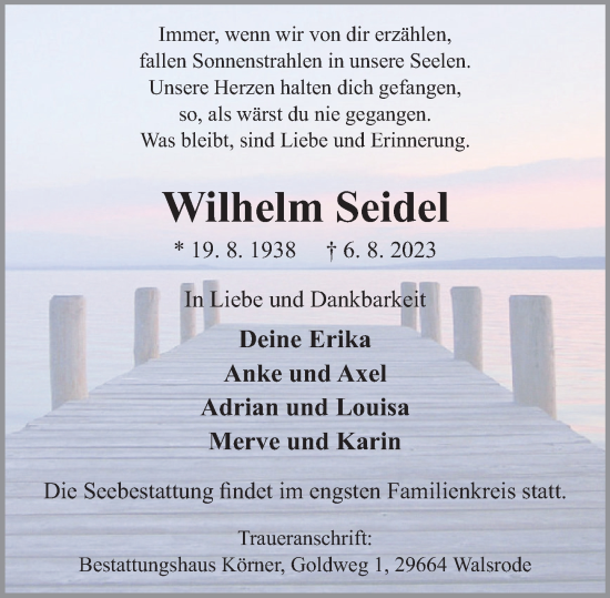 Traueranzeige von Wilhelm Seidel von Neue Deister-Zeitung