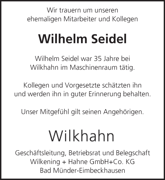 Traueranzeige von Wilhelm Seidel von Neue Deister-Zeitung