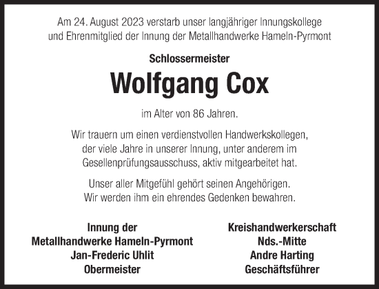 Traueranzeige von Wolfgang Cox von Deister- und Weserzeitung