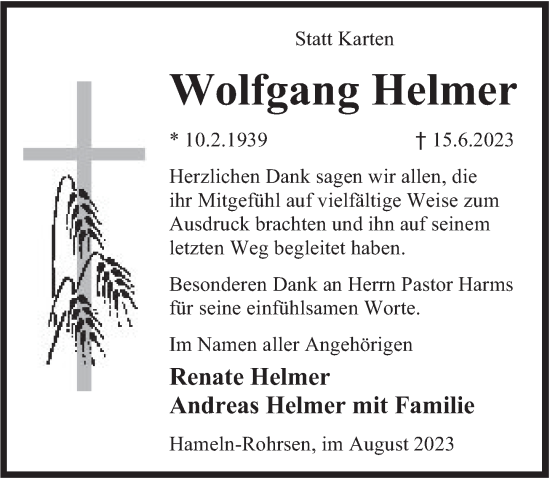 Traueranzeige von Wolfgang Helmer von Deister- und Weserzeitung
