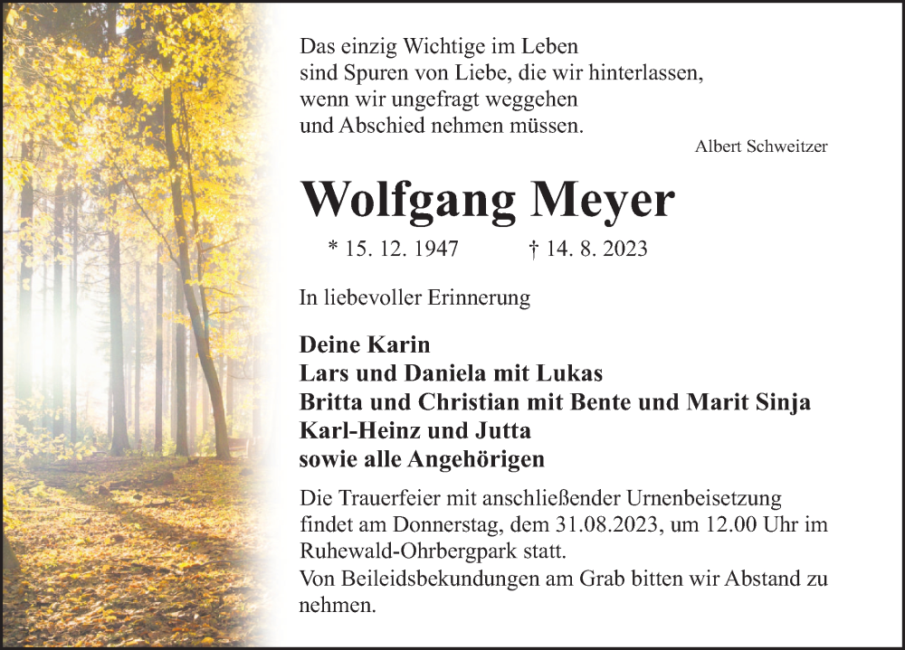  Traueranzeige für Wolfgang Meyer vom 26.08.2023 aus Deister- und Weserzeitung