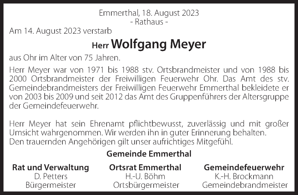  Traueranzeige für Wolfgang Meyer vom 26.08.2023 aus Deister- und Weserzeitung
