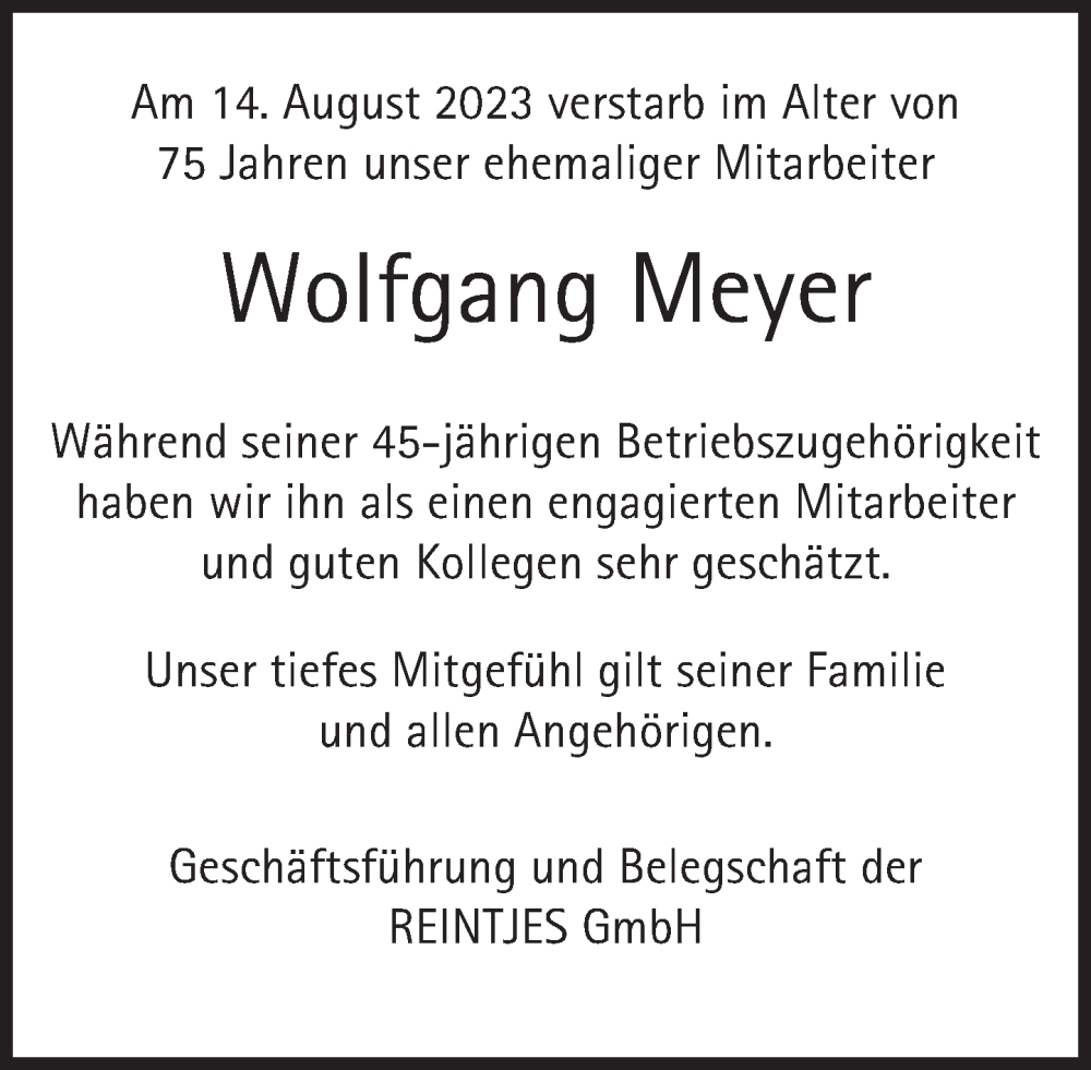  Traueranzeige für Wolfgang Meyer vom 26.08.2023 aus Deister- und Weserzeitung