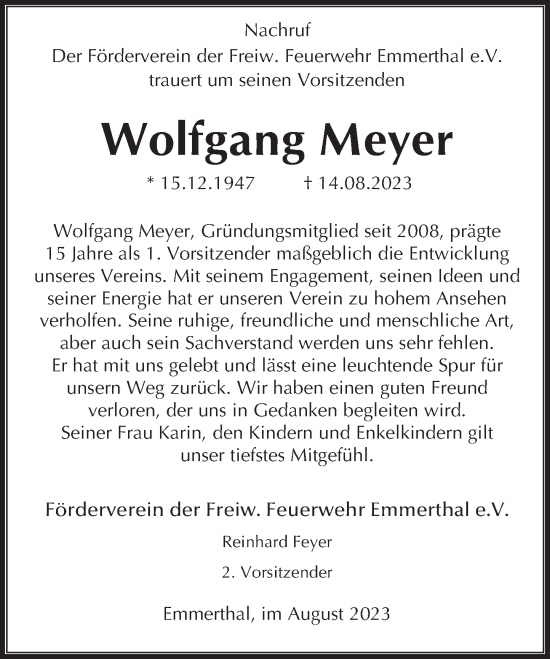 Traueranzeige von Wolfgang Meyer von Deister- und Weserzeitung