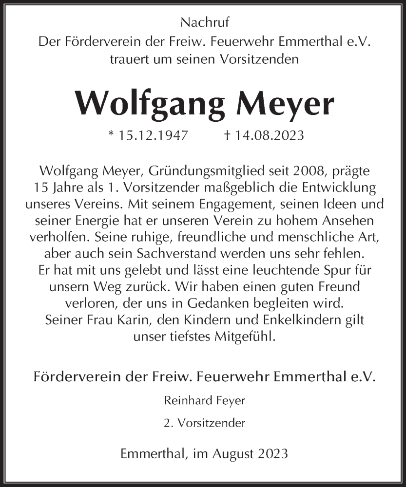  Traueranzeige für Wolfgang Meyer vom 26.08.2023 aus Deister- und Weserzeitung