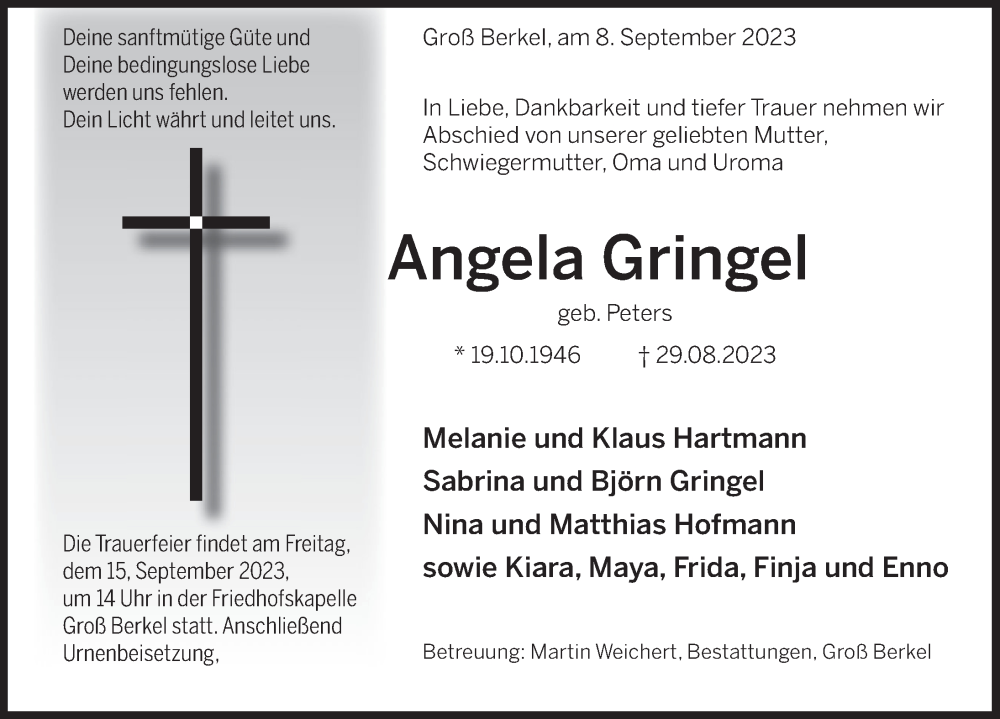  Traueranzeige für Angela Gringel vom 09.09.2023 aus Deister- und Weserzeitung