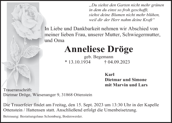 Traueranzeige von Anneliese Dröge von Deister- und Weserzeitung