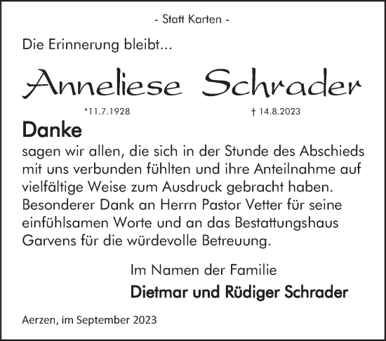 Traueranzeige von Anneliese Schrader von Deister- und Weserzeitung