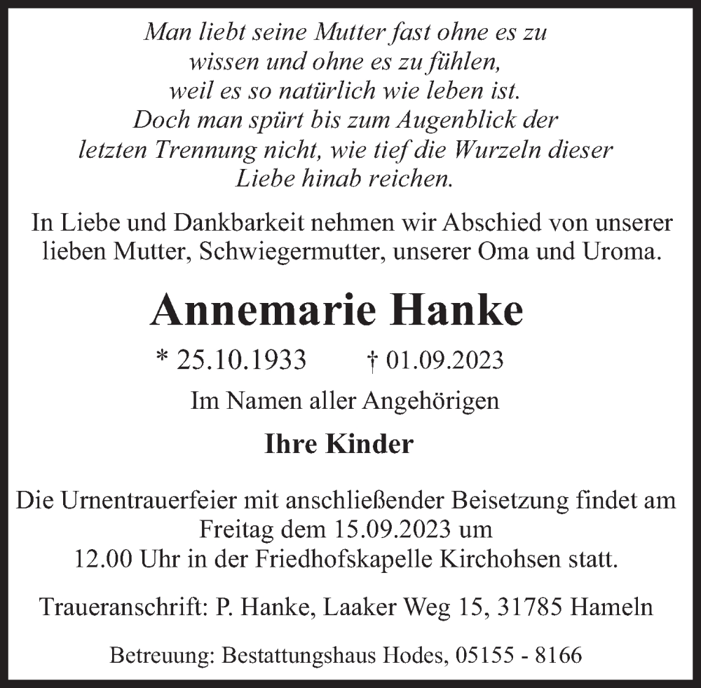  Traueranzeige für Annemarie Hanke vom 09.09.2023 aus Deister- und Weserzeitung