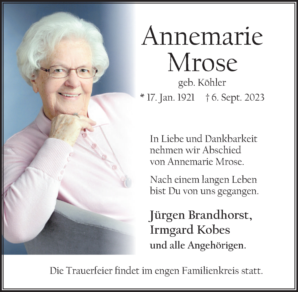  Traueranzeige für Annemarie Mrose vom 16.09.2023 aus Deister- und Weserzeitung