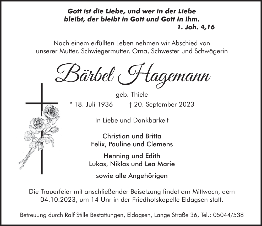  Traueranzeige für Bärbel Hagemann vom 26.09.2023 aus Neue Deister-Zeitung