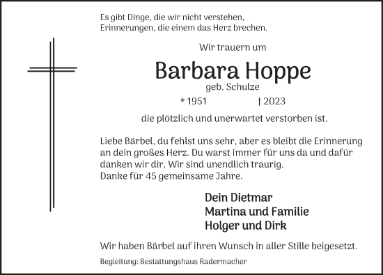 Traueranzeige von Barbara Hoppe von Deister- und Weserzeitung