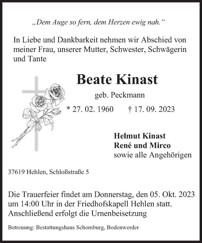  Traueranzeige für Beate Kinast vom 23.09.2023 aus Deister- und Weserzeitung