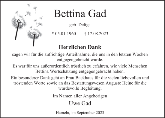 Traueranzeige von Bettina Gad von Deister- und Weserzeitung