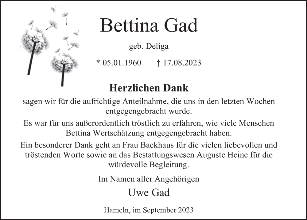  Traueranzeige für Bettina Gad vom 30.09.2023 aus Deister- und Weserzeitung