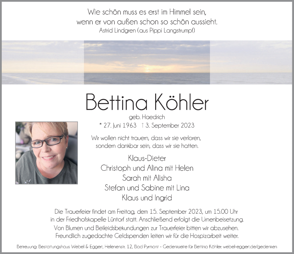  Traueranzeige für Bettina Köhler vom 12.09.2023 aus Deister- und Weserzeitung