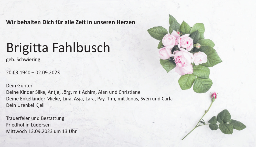  Traueranzeige für Brigitta Fahlbusch vom 09.09.2023 aus Neue Deister-Zeitung