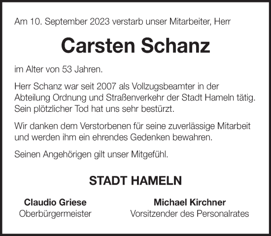 Traueranzeige von Carsten Schanz von Deister- und Weserzeitung