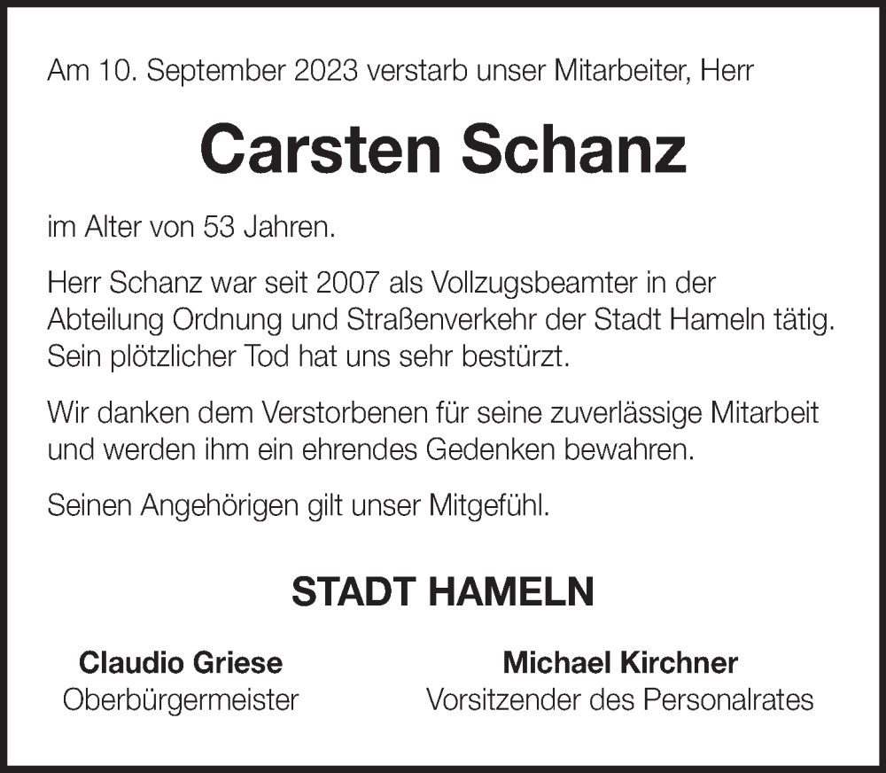  Traueranzeige für Carsten Schanz vom 22.09.2023 aus Deister- und Weserzeitung