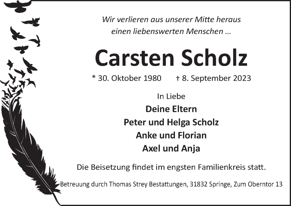  Traueranzeige für Carsten Scholz vom 16.09.2023 aus Neue Deister-Zeitung