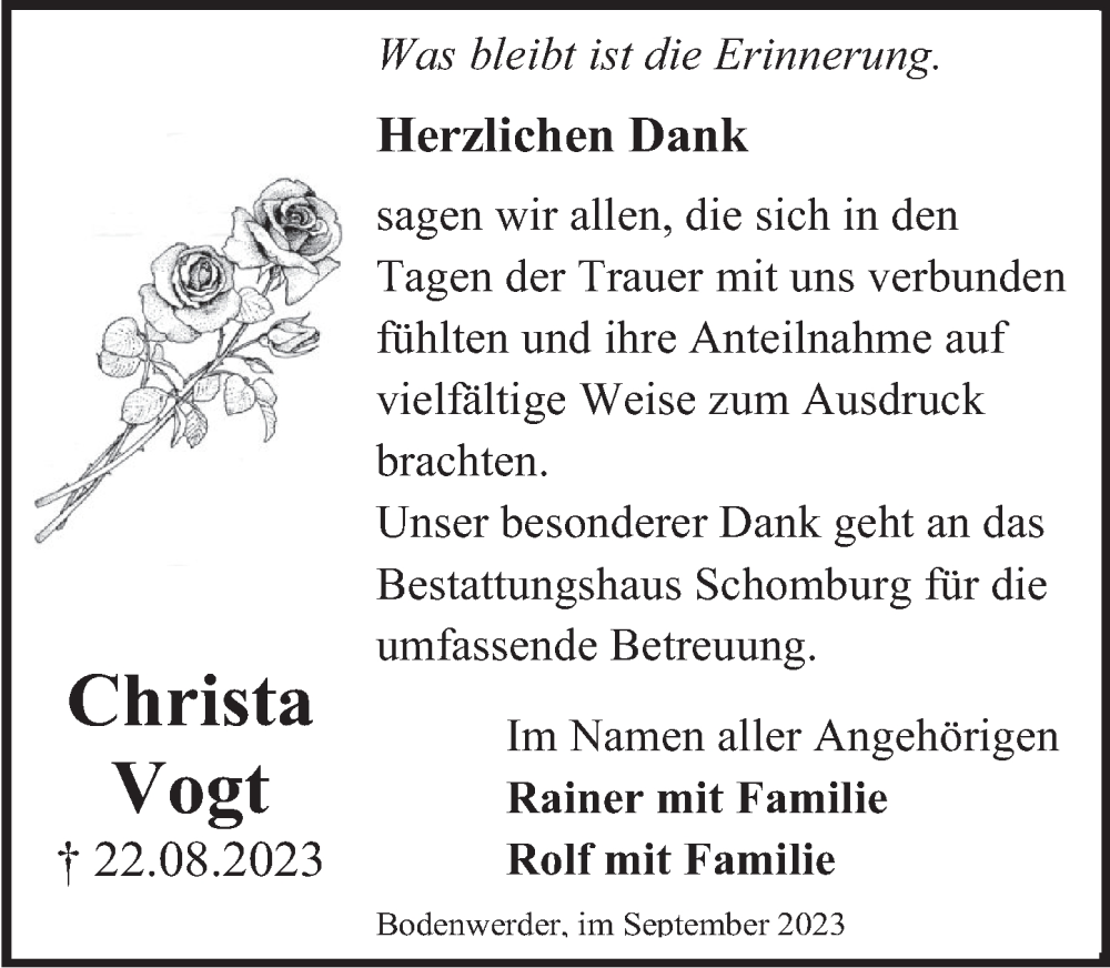  Traueranzeige für Christa Vogt vom 16.09.2023 aus Deister- und Weserzeitung