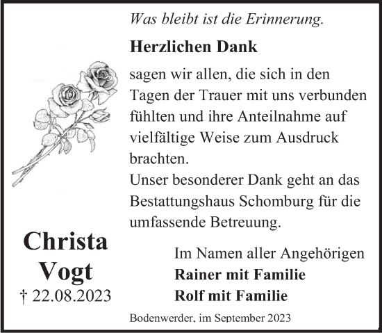 Traueranzeige von Christa Vogt von Deister- und Weserzeitung