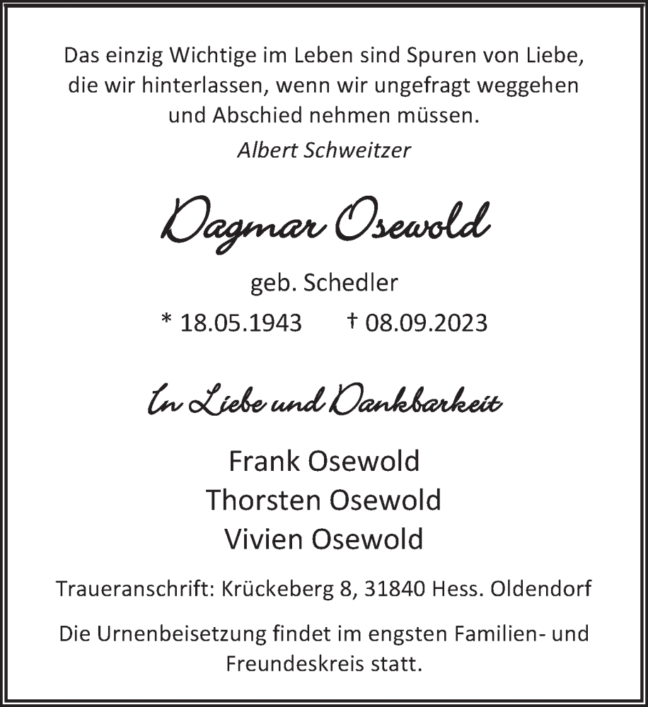  Traueranzeige für Dagmar Osewold vom 16.09.2023 aus Deister- und Weserzeitung