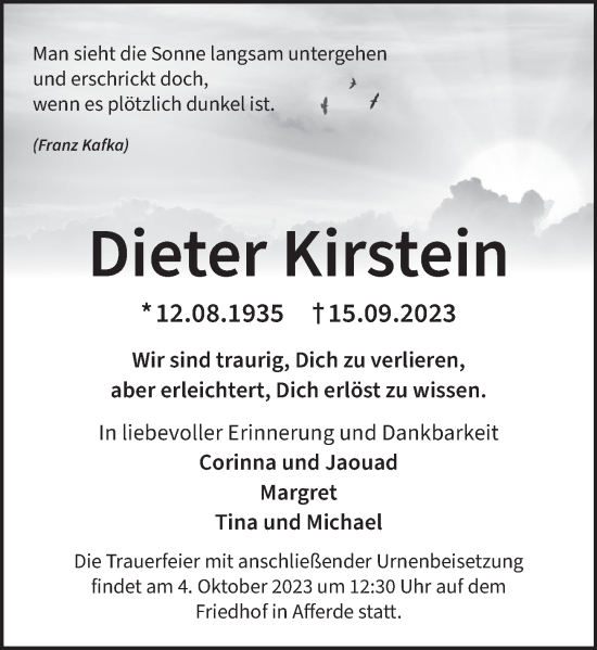 Traueranzeige von Dieter Kirstein von Deister- und Weserzeitung