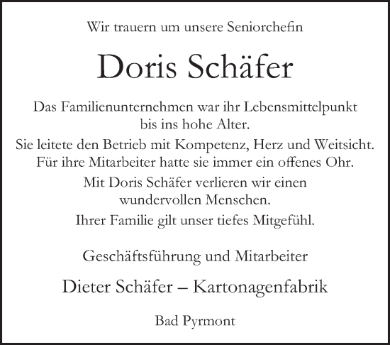 Traueranzeige von Doris Schäfer von Deister- und Weserzeitung