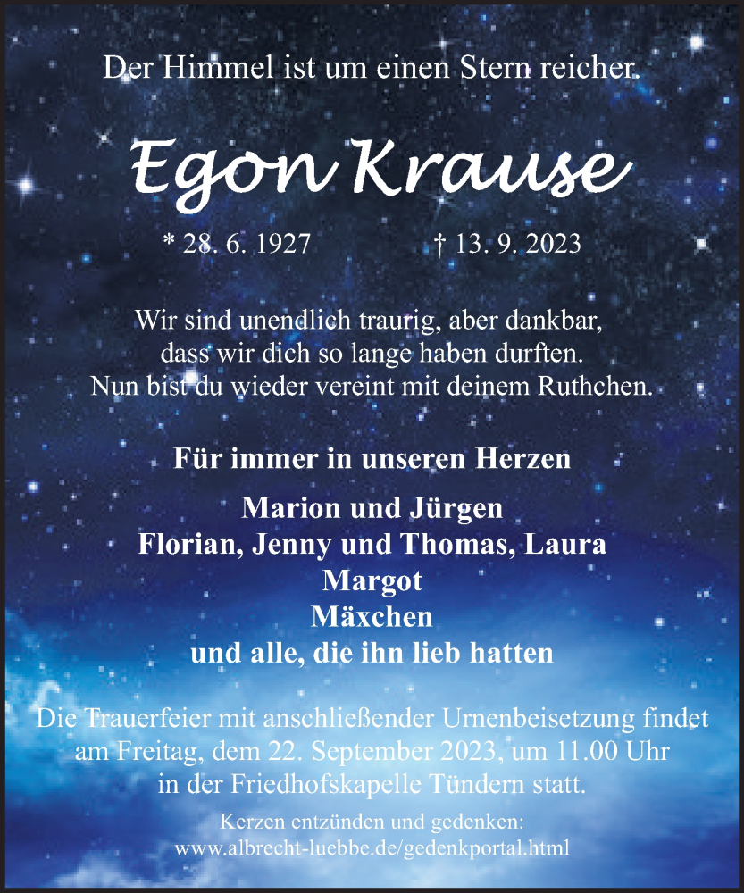  Traueranzeige für Egon Krause vom 19.09.2023 aus Deister- und Weserzeitung