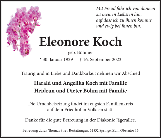 Traueranzeige von Eleonore Koch von Neue Deister-Zeitung