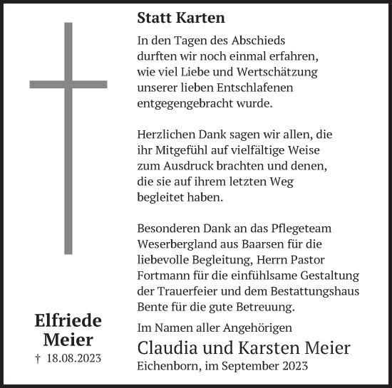 Traueranzeige von Elfriede Meier von Deister- und Weserzeitung