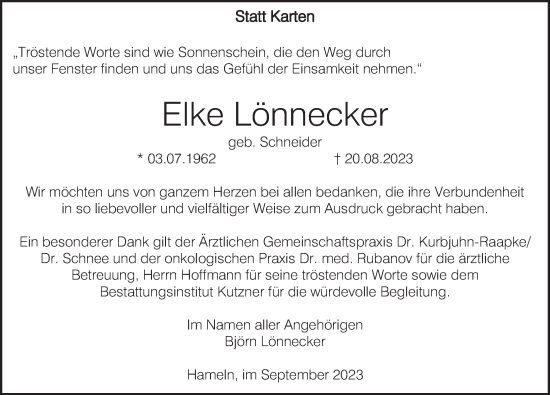 Traueranzeige von Elke Lönnecker von Deister- und Weserzeitung