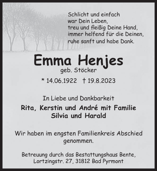 Traueranzeige von Emma Henjes von Deister- und Weserzeitung