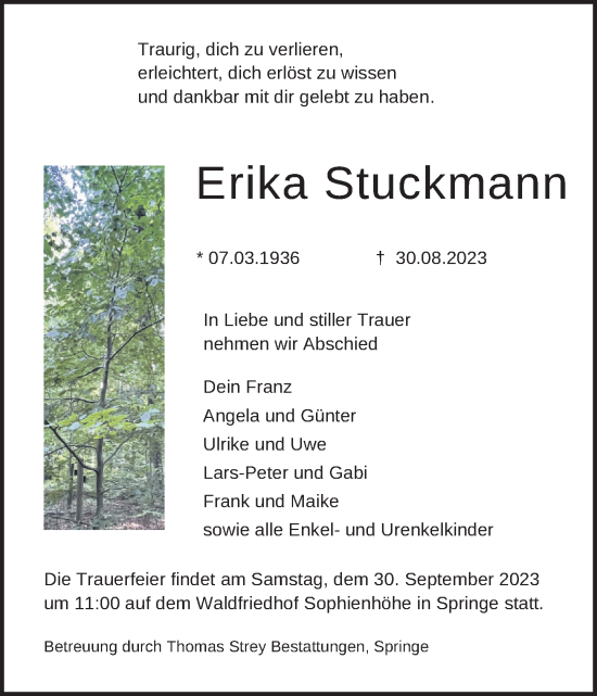 Traueranzeige von Erika Stuckmann von Neue Deister-Zeitung