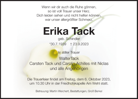Traueranzeige von Erika Tack von Deister- und Weserzeitung