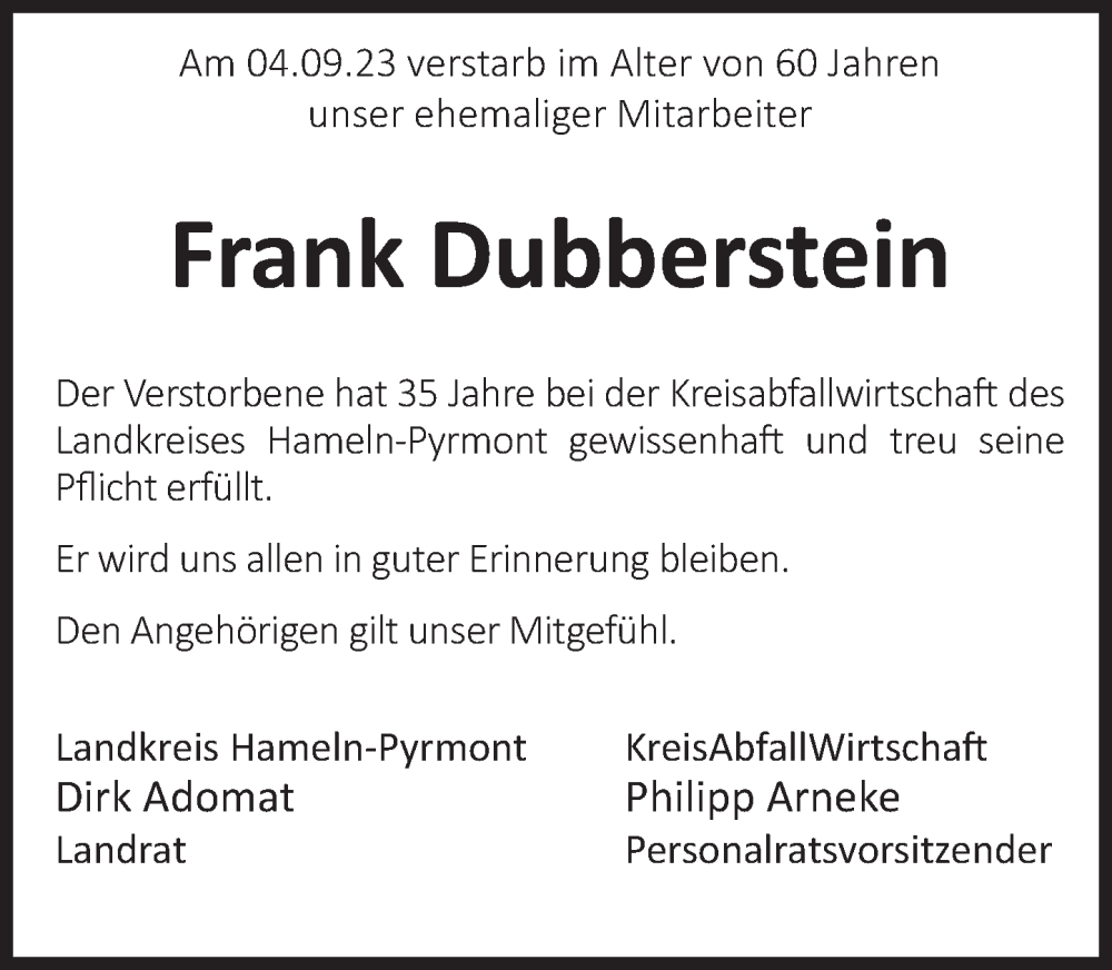  Traueranzeige für Frank Dubberstein vom 27.09.2023 aus Deister- und Weserzeitung