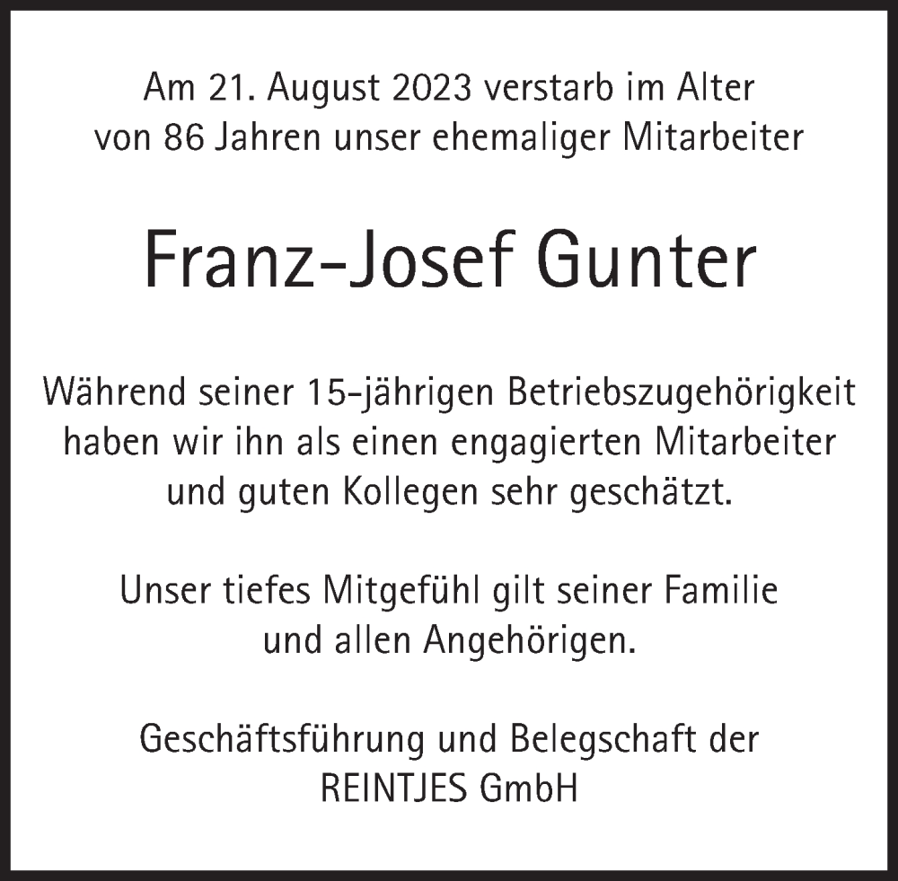  Traueranzeige für Franz-Josef Gunter vom 23.09.2023 aus Deister- und Weserzeitung
