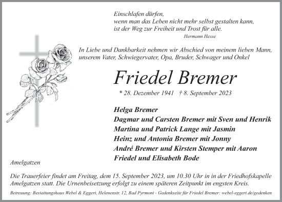 Traueranzeige von Friedel Bremer von Deister- und Weserzeitung